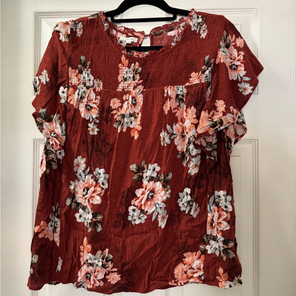 Maurices 2X Red Floral Peasant Blouse Smocked Flutter Sleeve Boho Top